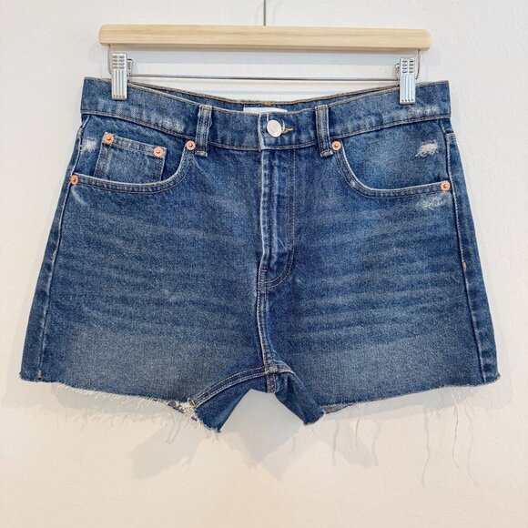 Zara Denim High Rise Raw Hem Distressed Frayed Jean Shorts Blue Summer Casual 8 - Picture 1 of 7